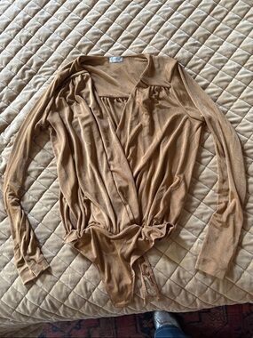 Metallic Tan Long-Sleeve Wrap Bodysuit